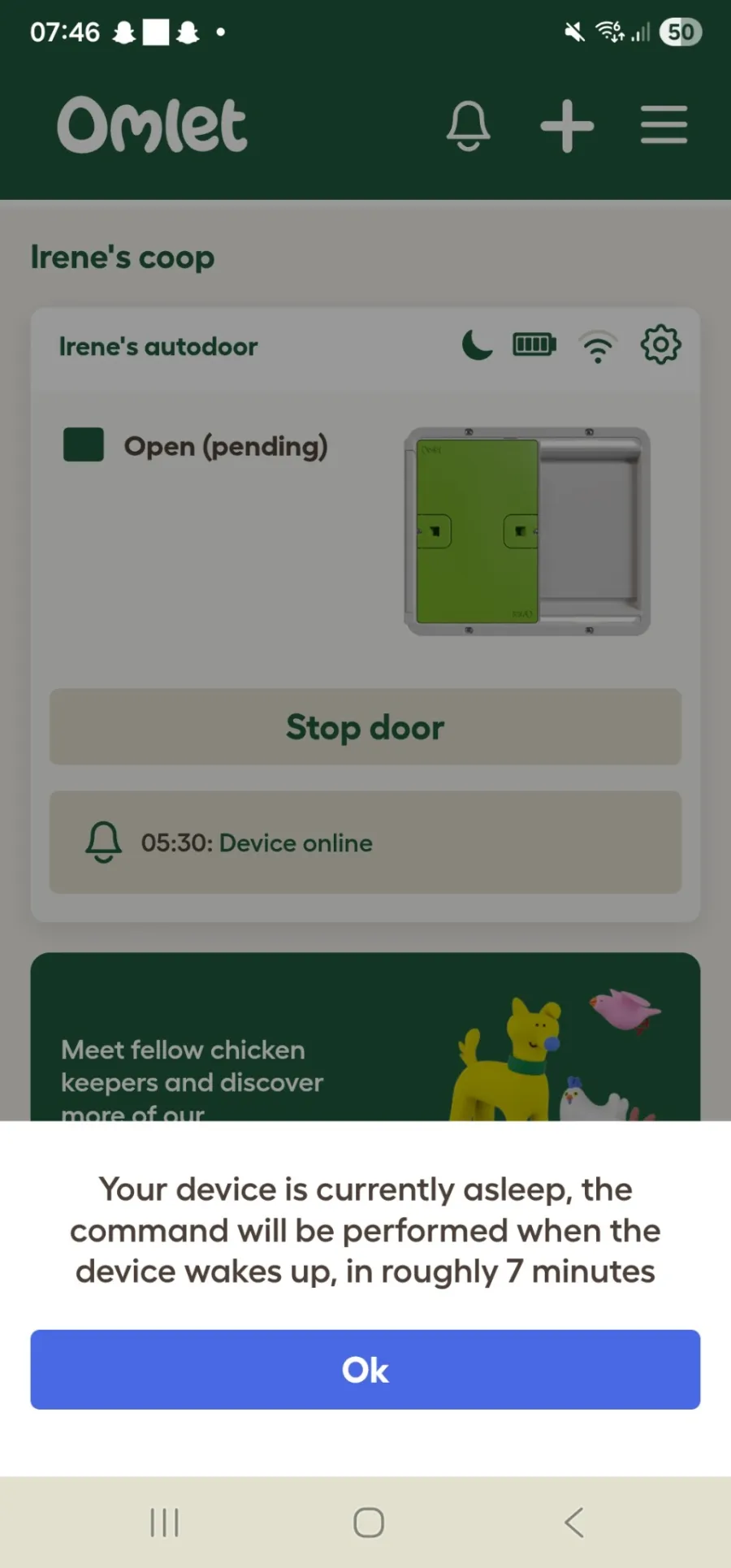 Omlet app screenshot saying the device is asleep and the command will run in roughly seven minutes.
