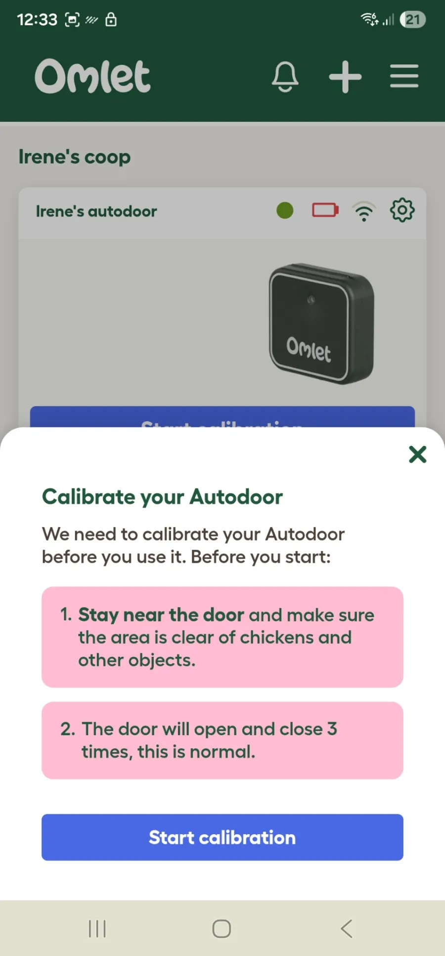 Omlet app screenshot with instructions before calibrating the door.