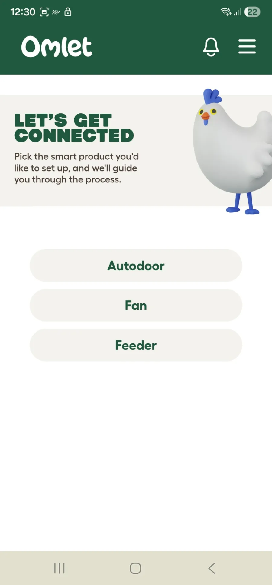 Omlet app screenshot where Autodoor is chosen from the list of smart products.