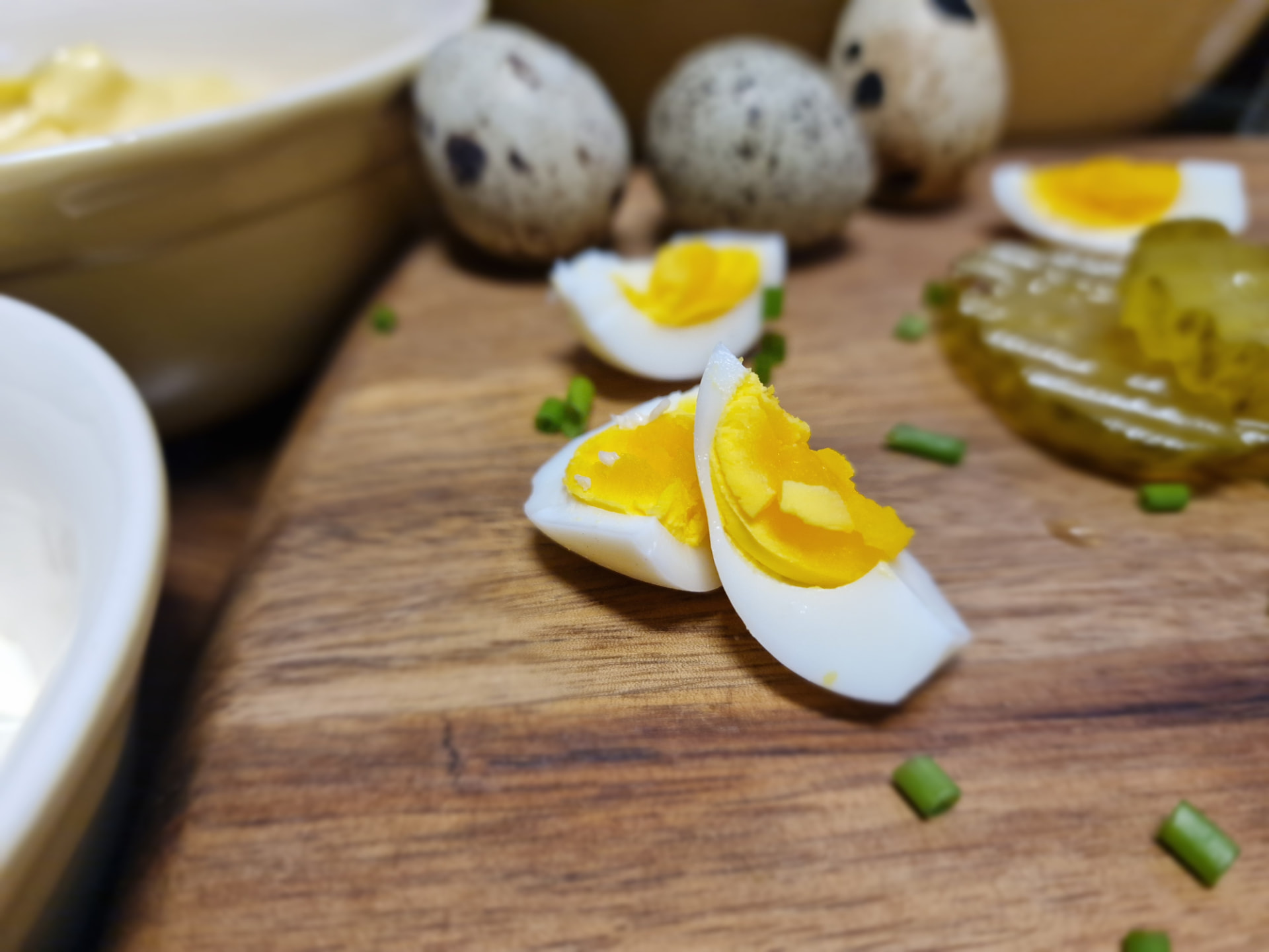 Boiled quail eggs cut into pieces