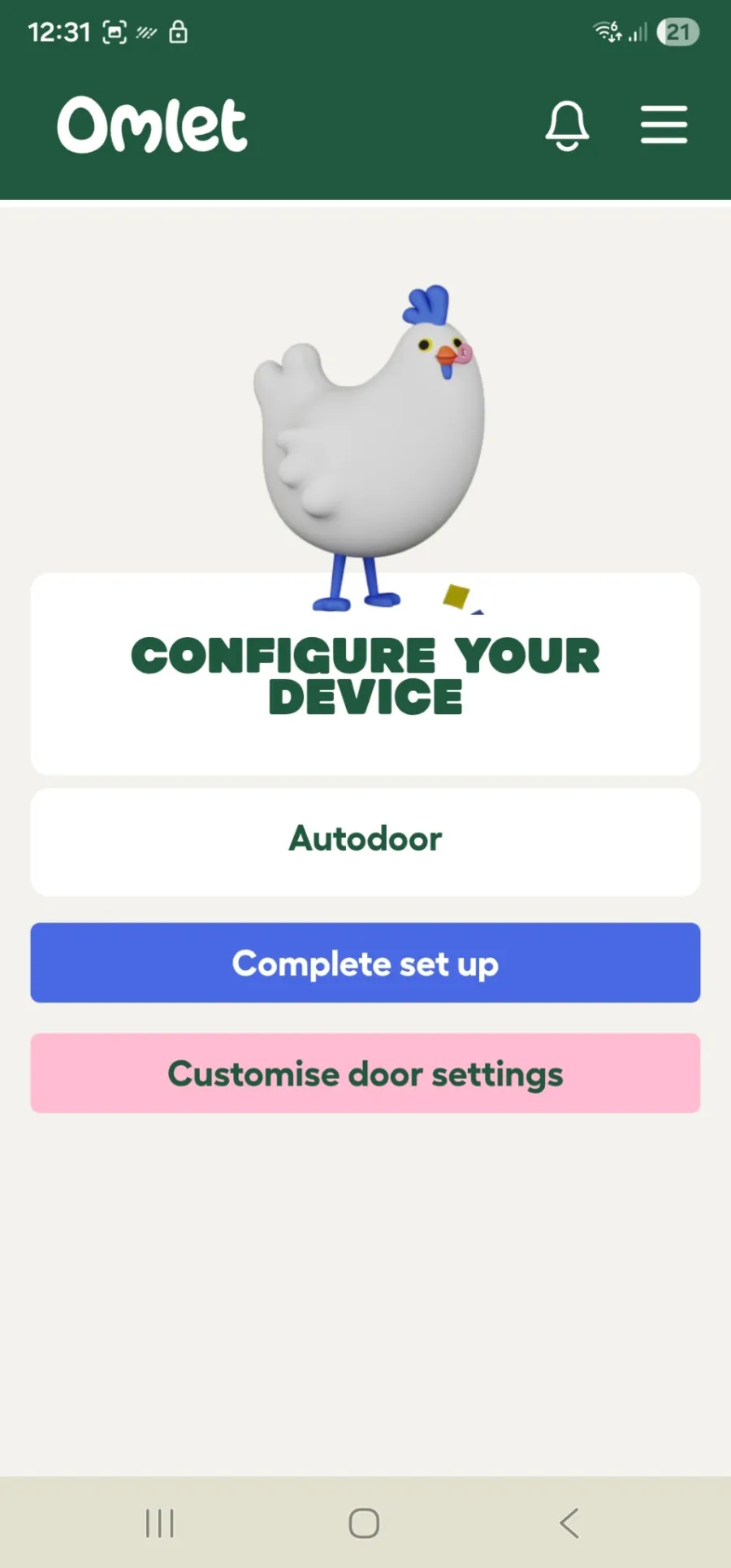 Omlet app screenshot with the button to complete the Autodoor setup.