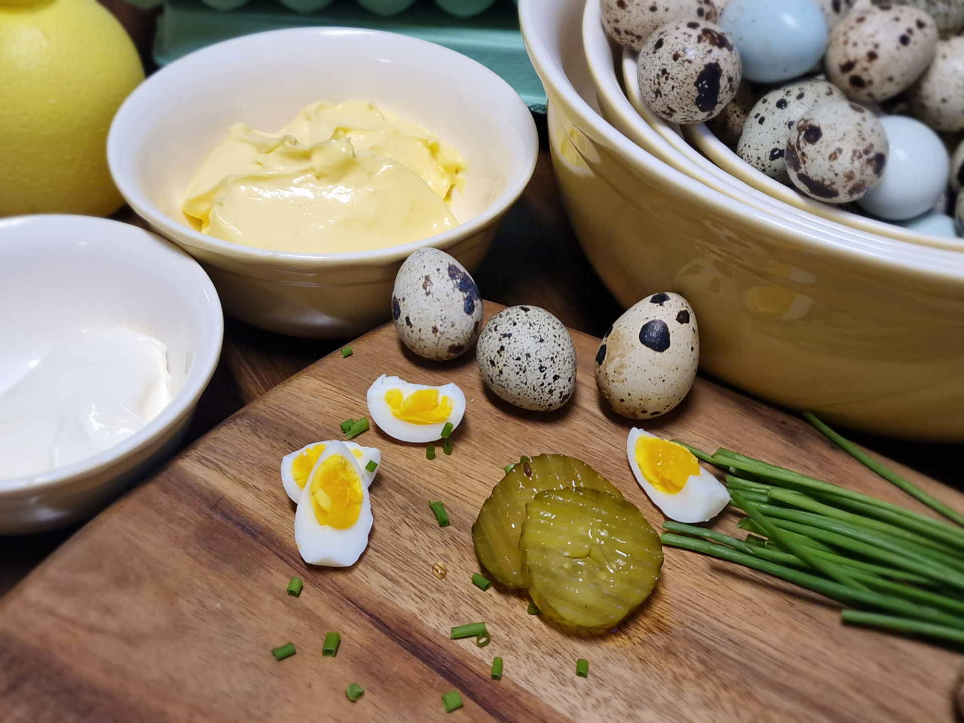Ingredients for egg salad with quail eggs