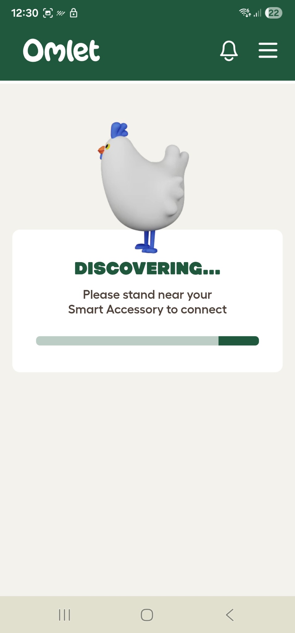 Omlet app screenshot showing the app searching for the door and asking you to stand near the device.