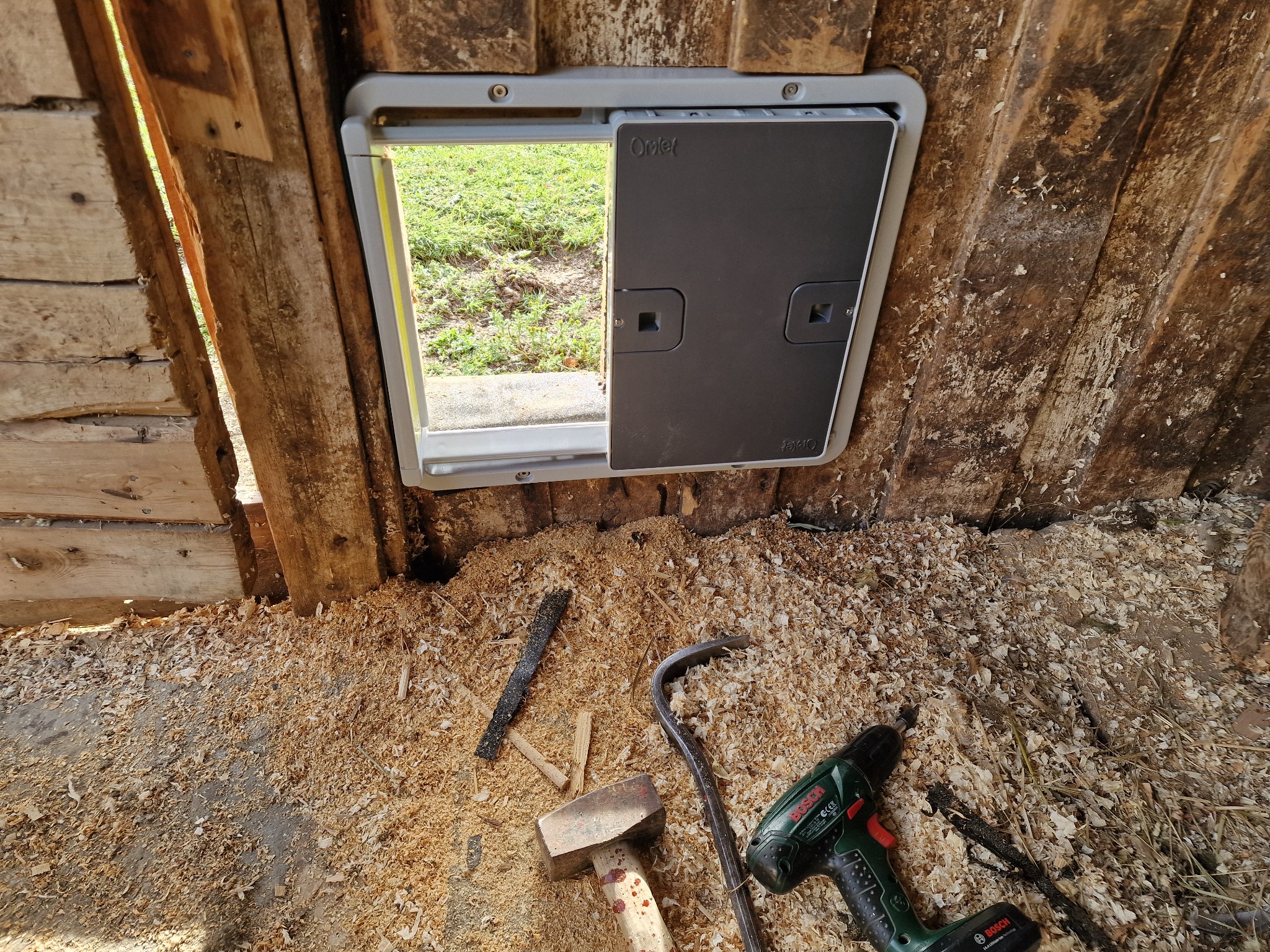 Newly installed Omlet Smart Autodoor on the inside of the barn wall, with tools and sawdust on the floor in front.