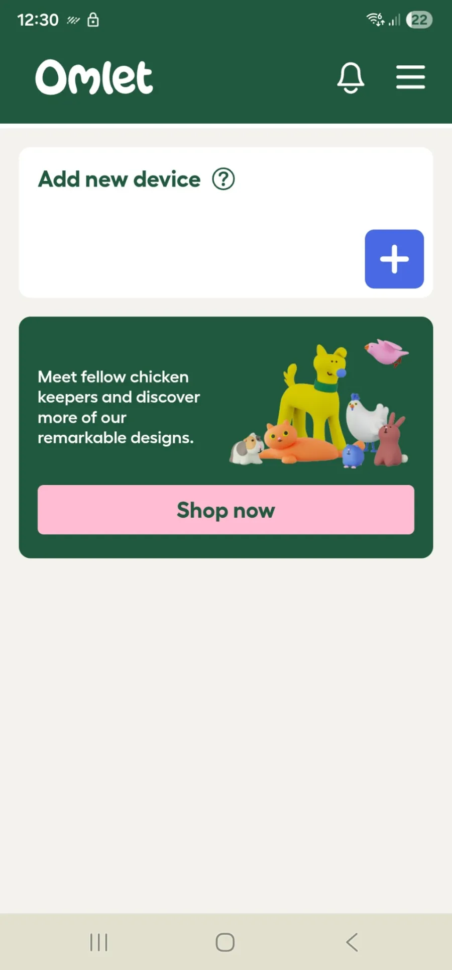 Omlet app screenshot showing the button to add a new device.