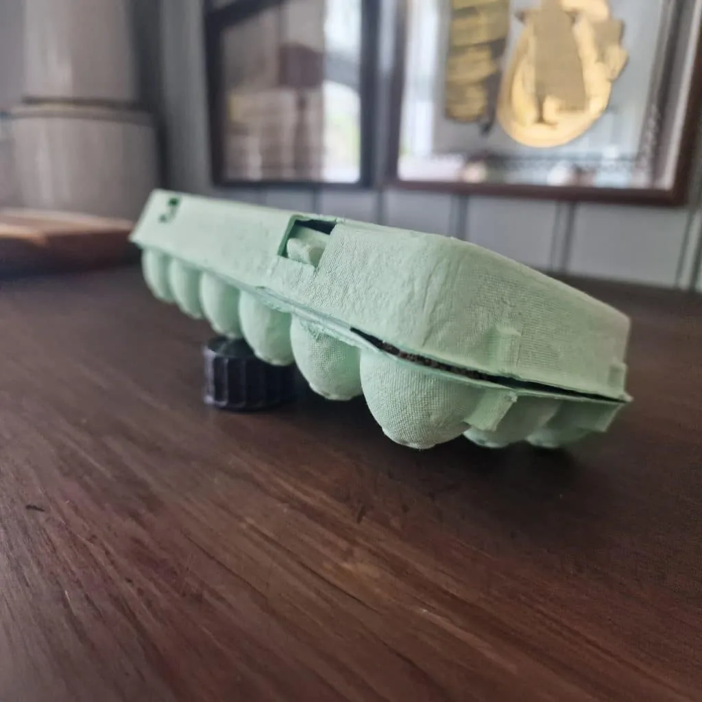 Egg carton with hatching eggs tilted on a cork cap, turned by moving the cap to the other side